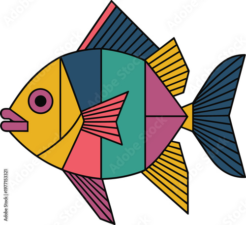Vibrant geometric fish line with bold colors and patterns