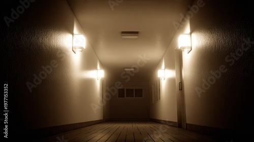 Interior view down a dimly lit institutional corridor featuring patterned wall sconces and textured walls