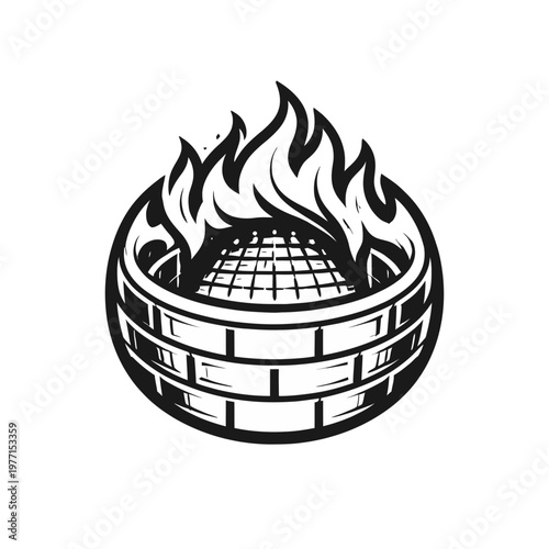 Circular brick structure with a grid opening and flames erupting from within, symbolizing heat and energy
