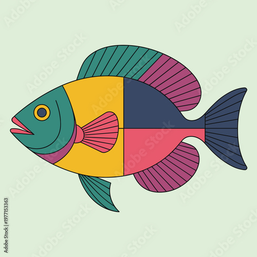 Vibrant geometric fish with rainbow stripes colorful