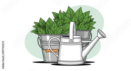 Gardening scene featuring two metal buckets filled with green leafy plants behind a classic white watering can with a handle.