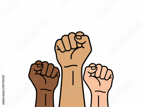 Three diverse raised clenched fists for unity and protest