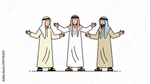 Three Arab men in traditional thobe standing with open arms