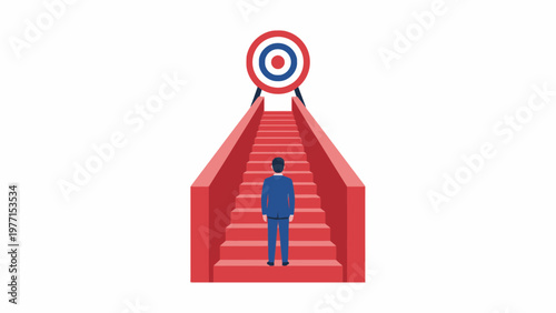 Businessman facing red stairs leading to target bullseye icon