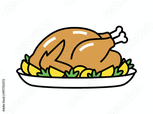 Roasted turkey icon on a platter with garnish isolated on white