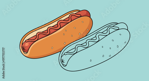 Two tasty hot dogs with mustard and sausage in a bun shown in both a fully colored version and a simple black outline style.