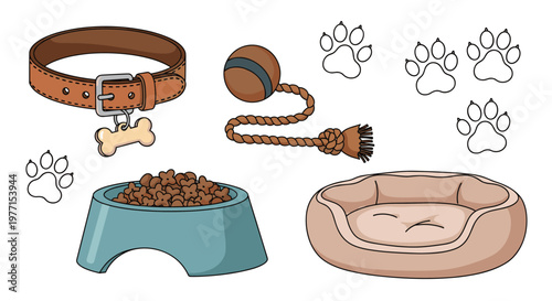 Selection of domestic pet supplies includes brown leather collar blue food bowl soft bed rope toy and several paw prints.
