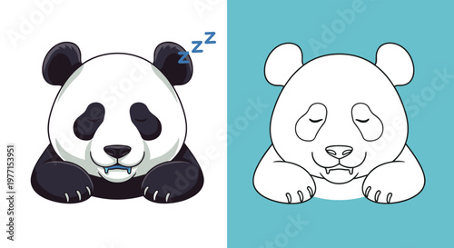 Adorable panda bear sleeping peacefully is shown in two versions featuring full color and simple outline against blue backdrop.