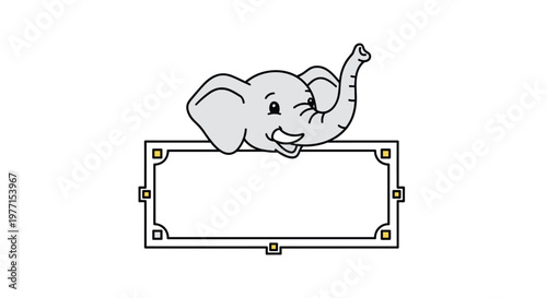 Cute elephant head mascot peers over top of ornate rectangular frame with gold corner accents in clean cartoon vector style.