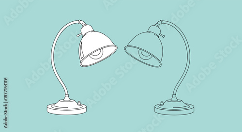 Pair of classic metal desk lamps with adjustable necks are shown side by side in color and outline on light blue background.