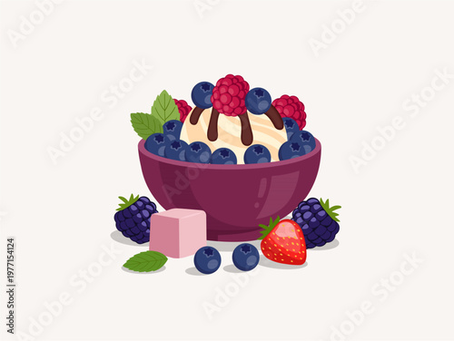 Vanilla Ice Cream Scoop in Purple Bowl topped with Chocolate Sauce and Fresh Blueberries, Vector Illustration.