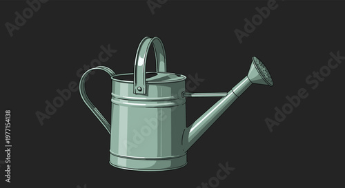 Metal watering can in muted green color stands against dark gray background showing highlights and shadows on its surface.
