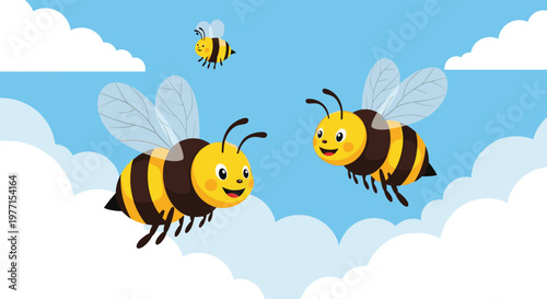 Three happy honey bees with translucent wings fly together among white fluffy clouds in bright blue sunny sky.