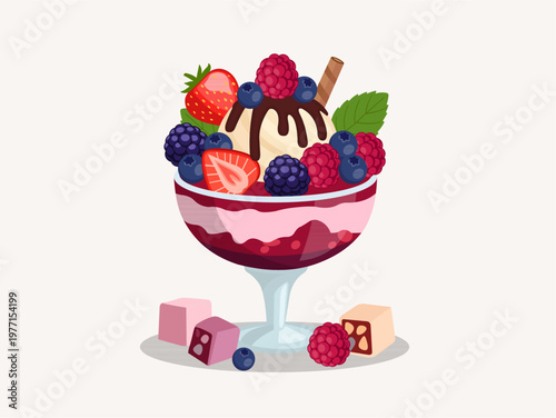 Gourmet Vanilla Ice Cream Sundae with Rich Chocolate Topping, Mixed Berries, and Wafer Stick, Vector Illustration.