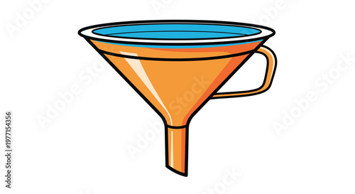 Orange plastic funnel filled with blue liquid featuring side handle and narrow spout for transferring fluids between containers.