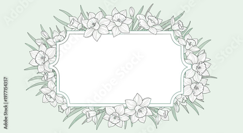Ornate floral frame surrounded by delicate narcissus flowers and leaves creates elegant border for invitations or greetings.