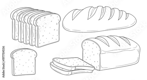 Assorted types of bread including sliced loaf whole wheat baguette and sandwich slices in detailed black line art sketches.