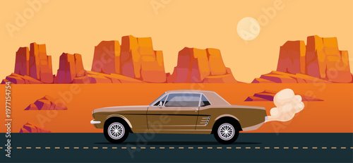 A fast 4x4 sports vehicle drives along a desert highway road under a sunset sky, capturing a travel landscape of speed and nature