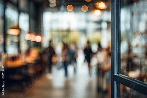 Blurred view of a lively cafe interior with people, warm lights, seen from a doorway