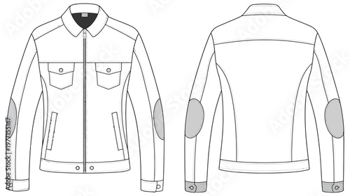 Jacket technical sketch CAD vector illustration showing front and back views, zipper closure, chest pockets, stand collar, flat fashion template design for clothing production and apparel mockup