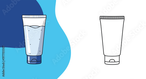 Plastic tube of cosmetic cream or medical gel shown in color on blue background and as simple line drawing.