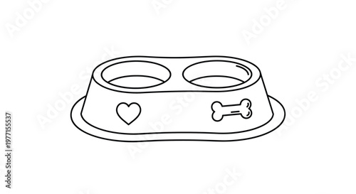 Simple line drawing of double pet food bowl for dogs or cats featuring small heart and bone decorative motifs.