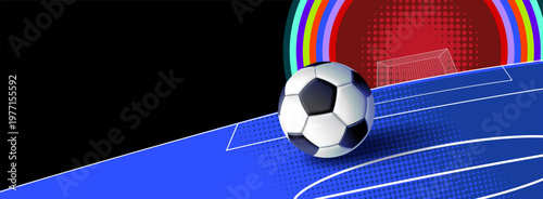Sports Event Banner with Soccer Ball and Abstract Stadium Design