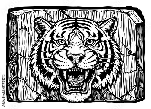 Powerful roaring tiger head breaking through stone wall in vintage woodcut style