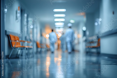 Blurred view down a hospital corridor with medical staff walking, cool tones, orange seats