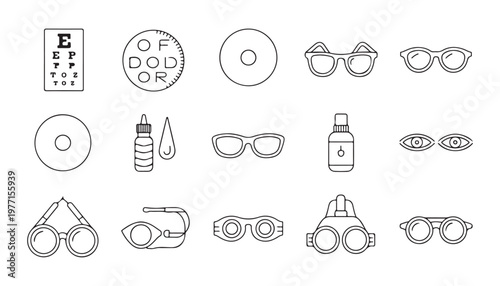 Optometry and ophthalmology line icons, eye treatment and vision correction, professional equipment vector set.