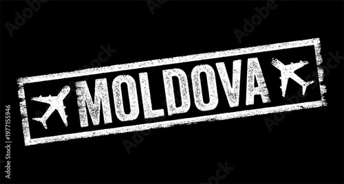 Moldova travel stamp with airplane icons and a distressed texture. This rectangular imprint represents international flights, tourism, and immigration for the Republic of Moldova using a gritty vintag