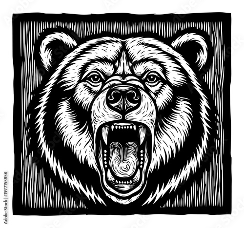 Aggressive grizzly bear roaring inside a frame in detailed woodcut style
