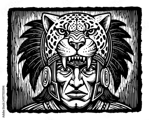 Hand drawn portrait of an ancient Aztec jaguar warrior in woodcut style