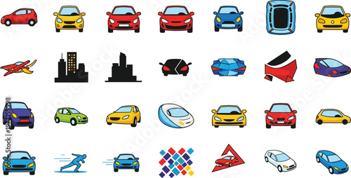 Car Vector Icon Set with City Vehicles Sports Cars and Transport Symbols Isolated on White Background