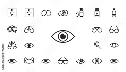 Optometry ophthalmology linear icons, vision test, eye care, medical equipment, examination tools.