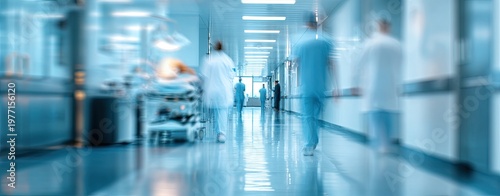 Blurred hospital corridor scene with medical personnel moving quickly through a ward