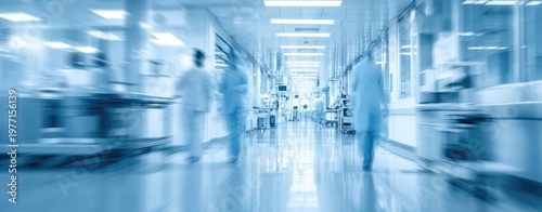 Blurred, cool blue toned hospital corridor with medical staff moving quickly, motion