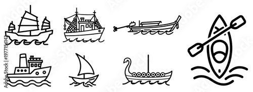 Set of simple linear icons featuring various types of boats and watercraft