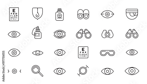 Optometry and ophthalmology line icons, eye health, vision care, medical examination, optical tools.