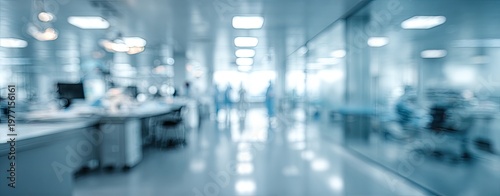 Blurred modern interior with a sterile blue and white aesthetic, possibly medical or office