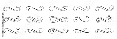 Calligraphy wavy line vector elements set with elegant flowing curves, decorative swirl strokes, hand drawn script style lines and ornamental flourish shapes for design projects