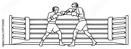 Two professional boxers fighting inside a boxing ring in clean minimalist line art style
