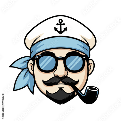 Sailor Vector Icon with Anchor Hat and Pipe