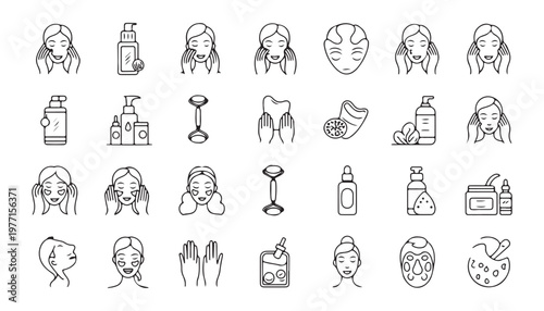 Beauty face skin care procedure cosmetic products line icons. skincare treatment beauty routine face mask.