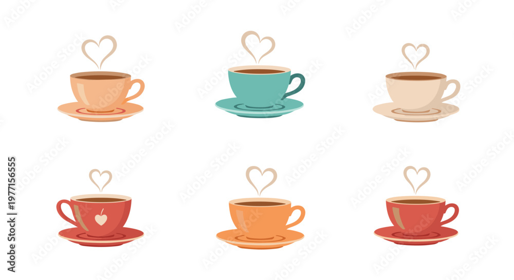 Obraz premium Collection of six colorful coffee and tea cups on matching saucers with heart-shaped steam rising for a warm cozy atmosphere.