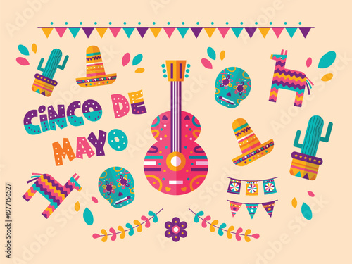 Colorful cinco de mayo illustration with traditional mexican elements and festive decor