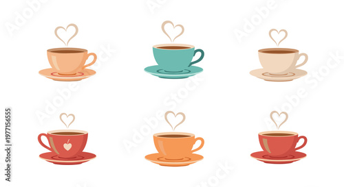 Collection of six colorful coffee and tea cups on matching saucers with heart-shaped steam rising for a warm cozy atmosphere.
