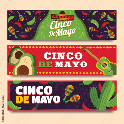 Cinco de mayo colorful banners with traditional mexican elements and decorations