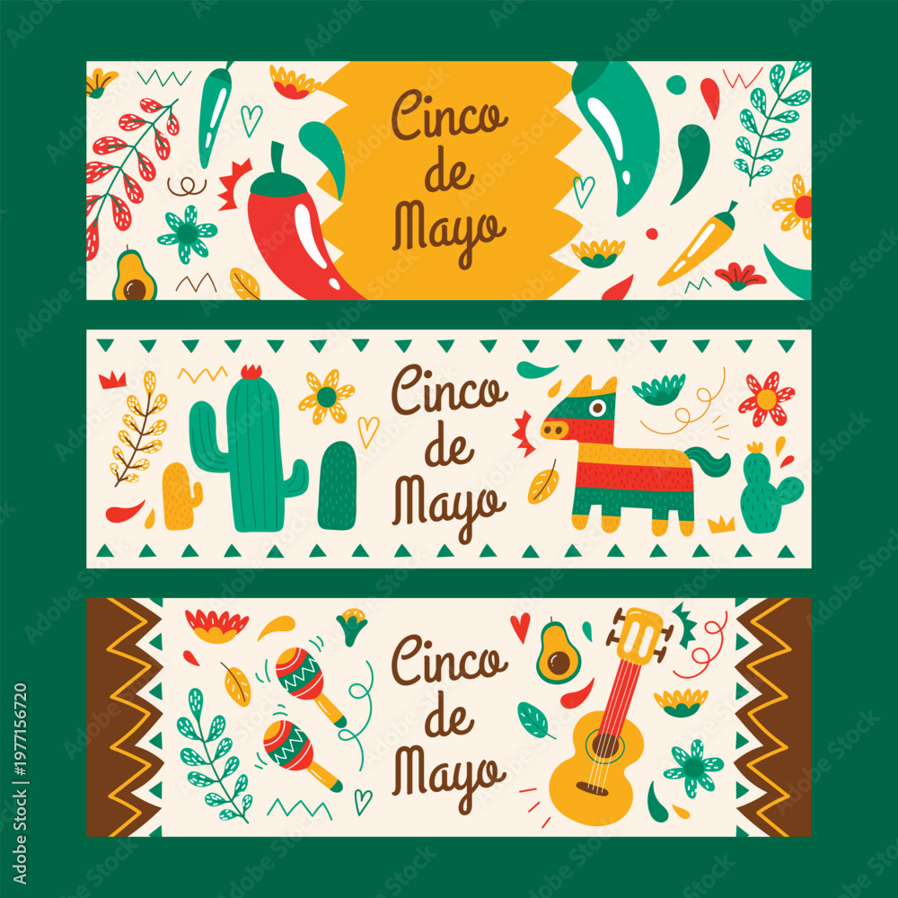 Fototapeta premium Colorful cinco de mayo banners with festive illustrations and lettering