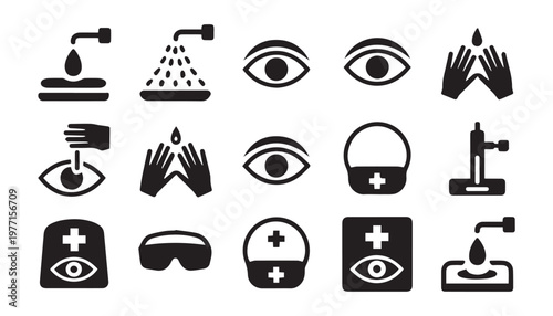 Medical eye care and surgery icons featuring ophthalmology instruments vision testing and treatment equipment.